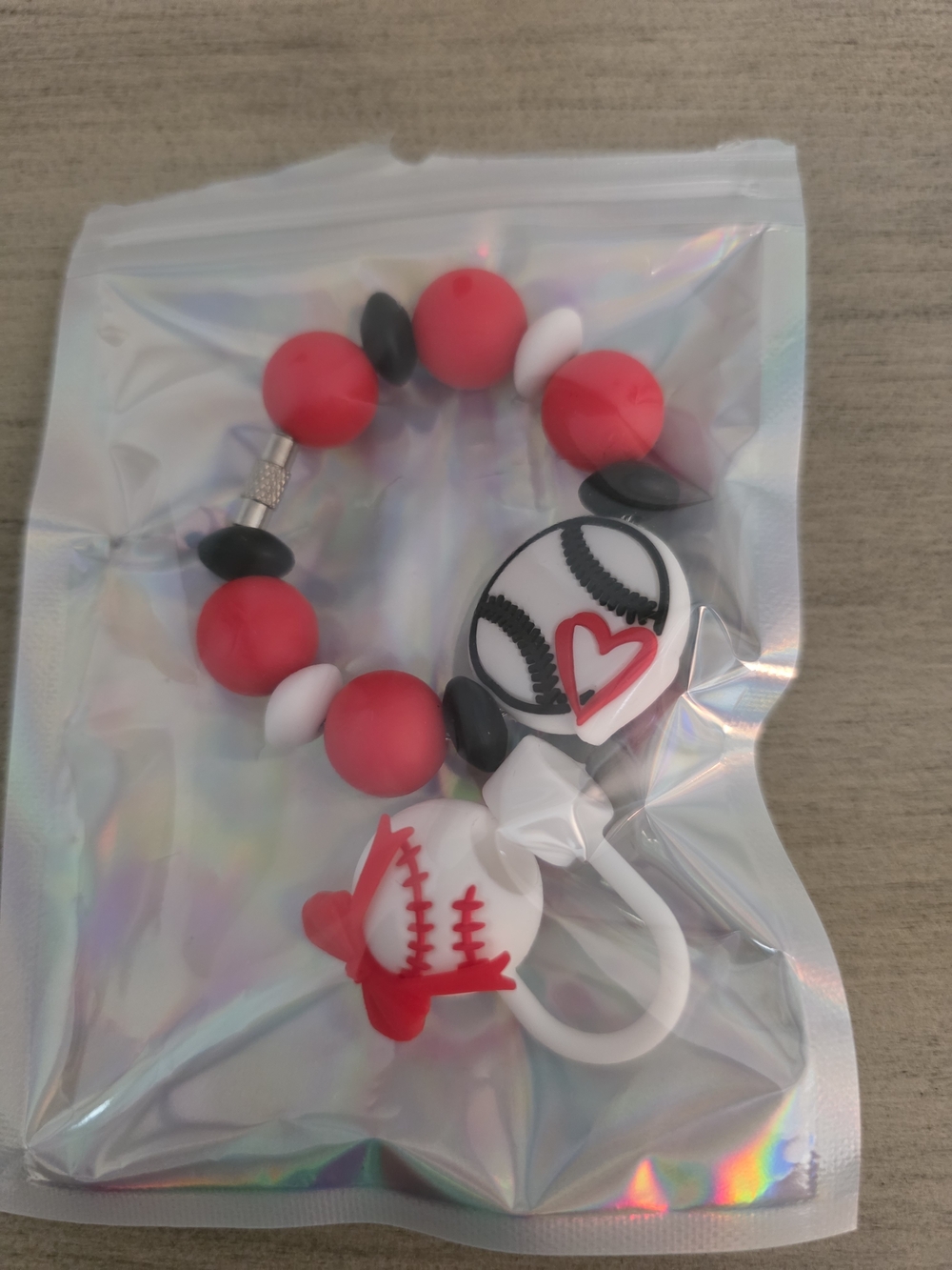 Red & White Baseball Silicone Straw Topper and Cup Charm